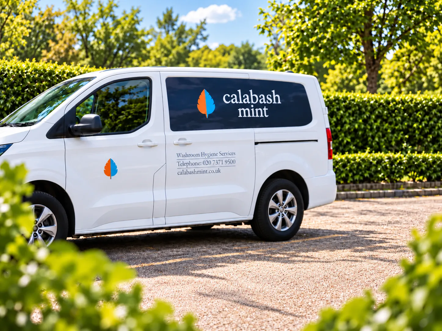 Calabash Mint washroom hygiene van parked among greenery, with three washroom bins beside it