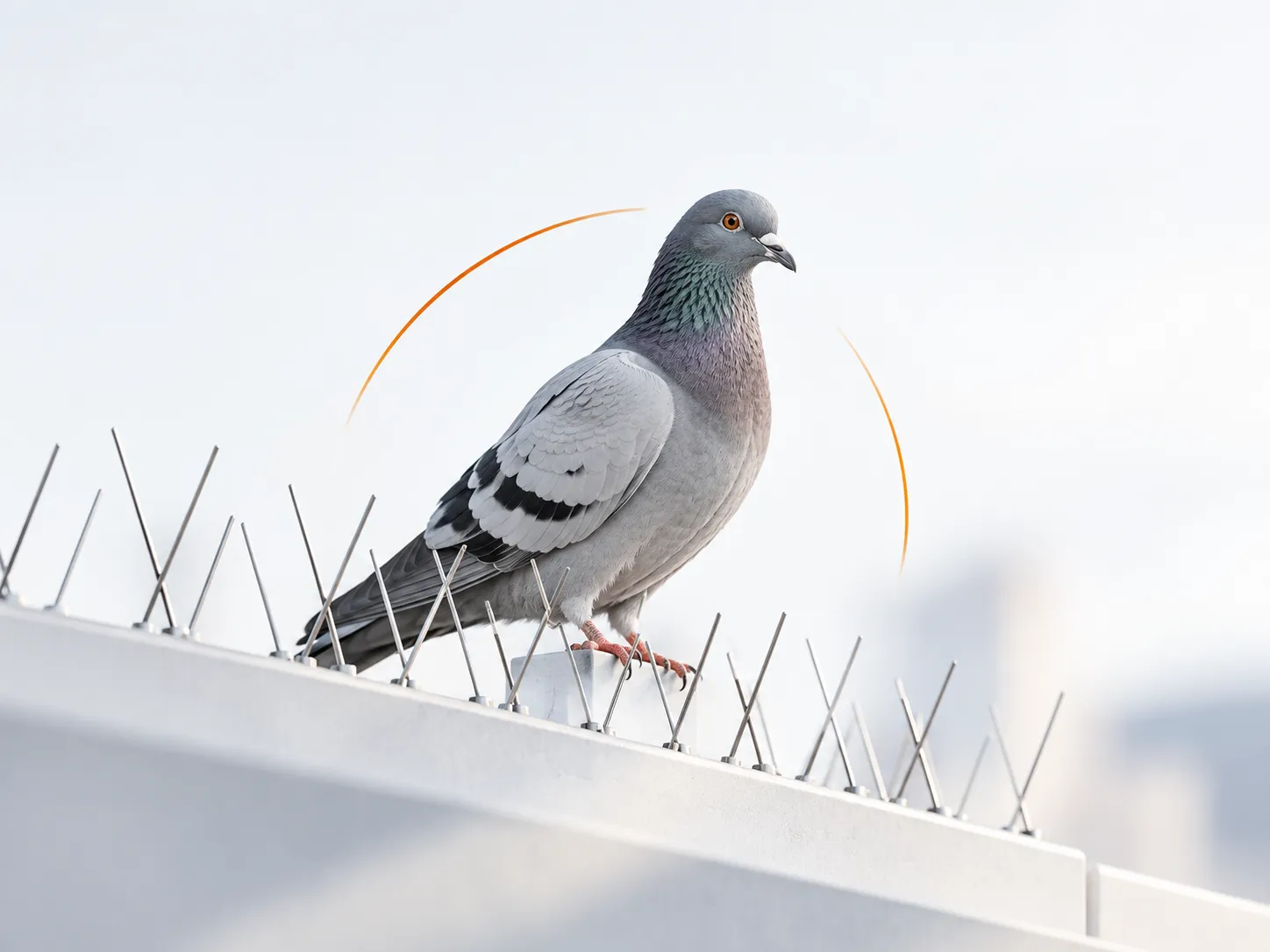 A pigeon perched on anti-bird spikes along a ledge
