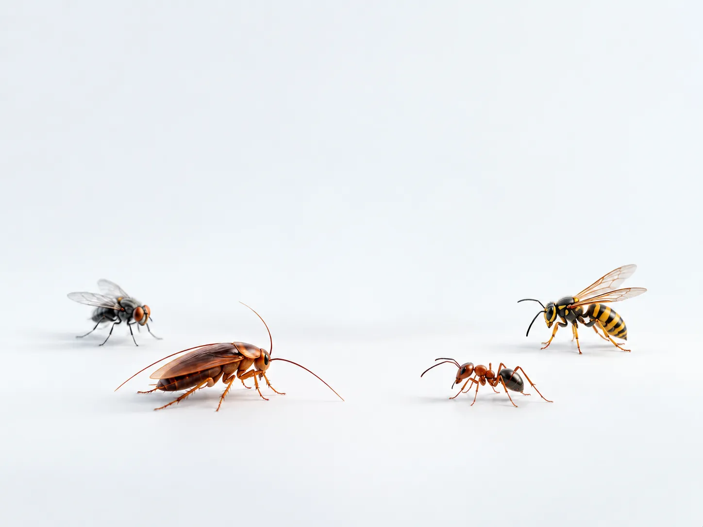 A fly, cockroach, ant and wasp around a pest protection shield