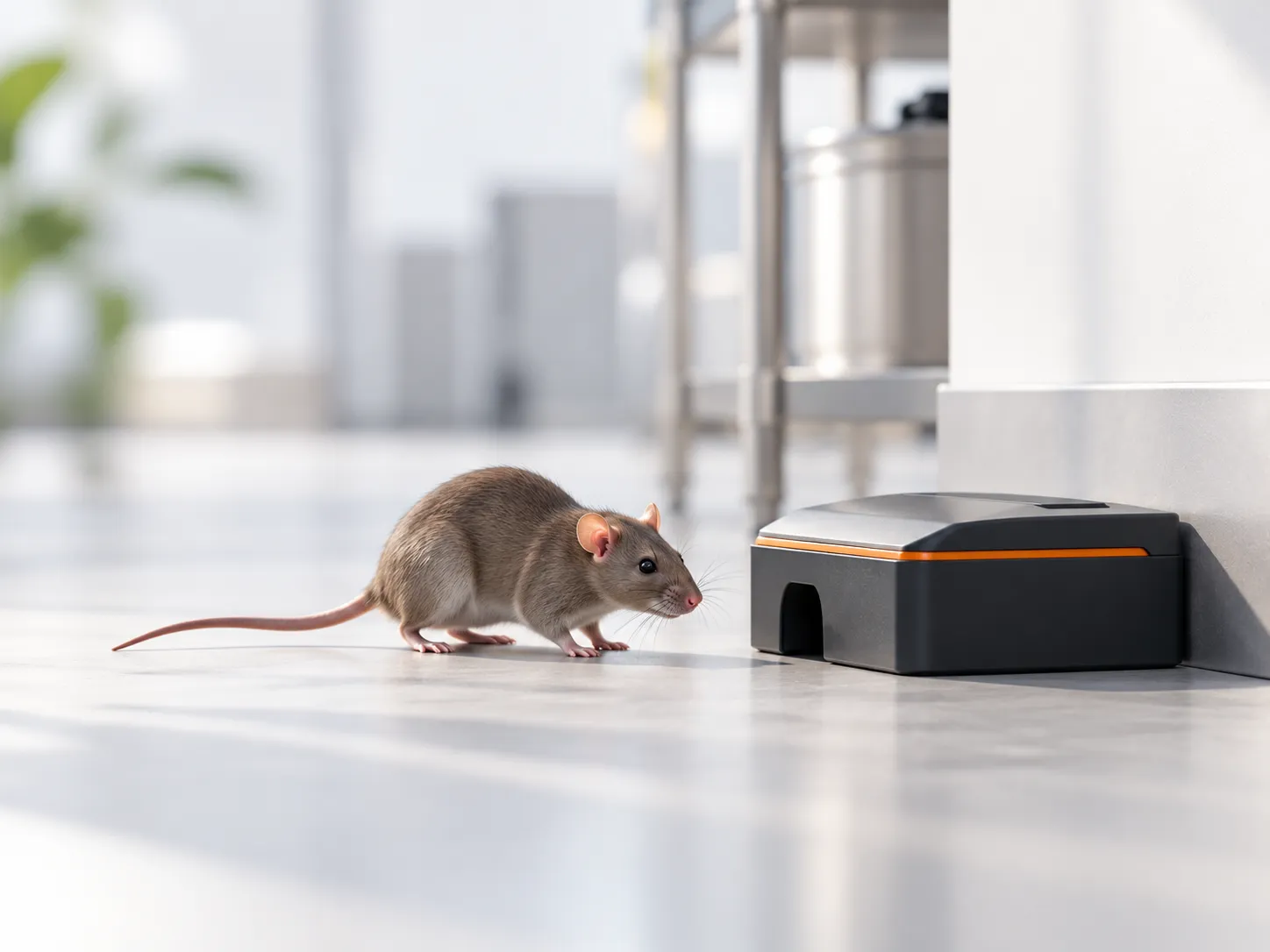 A rat approaching a bait station on a clean floor
