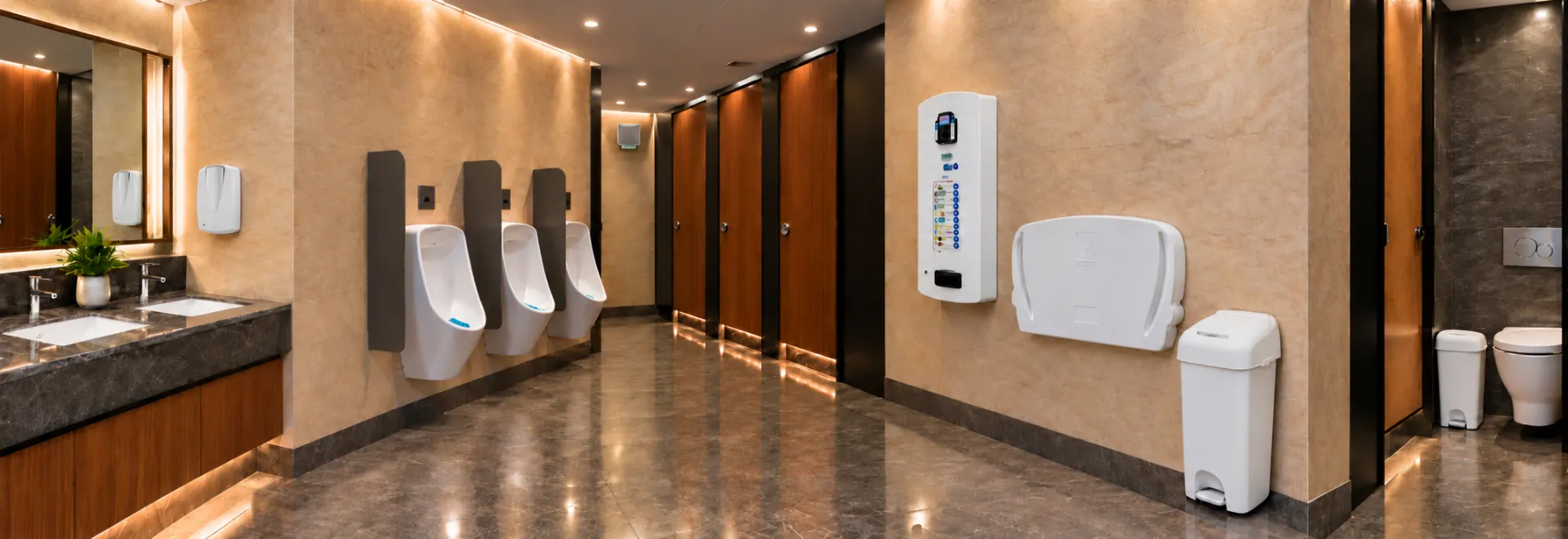 A washroom fitted with Calabash Mint soap dispensers, urinal screens, a sanitary vending machine, a baby changing station and stainless steel bins