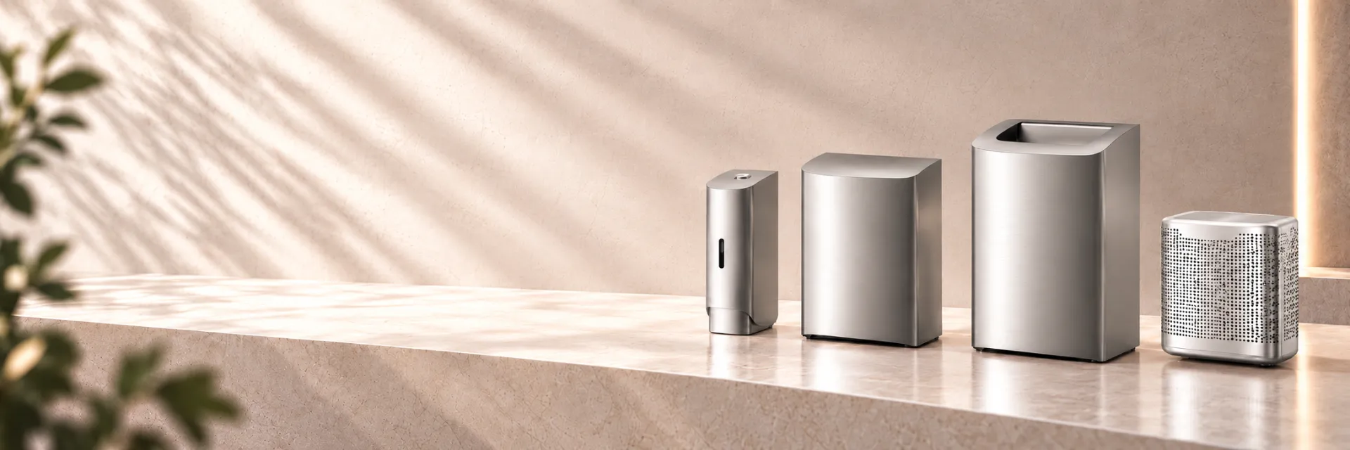 The brushed stainless steel collection: a soap dispenser, a toilet roll dispenser, two bins and a toilet brush